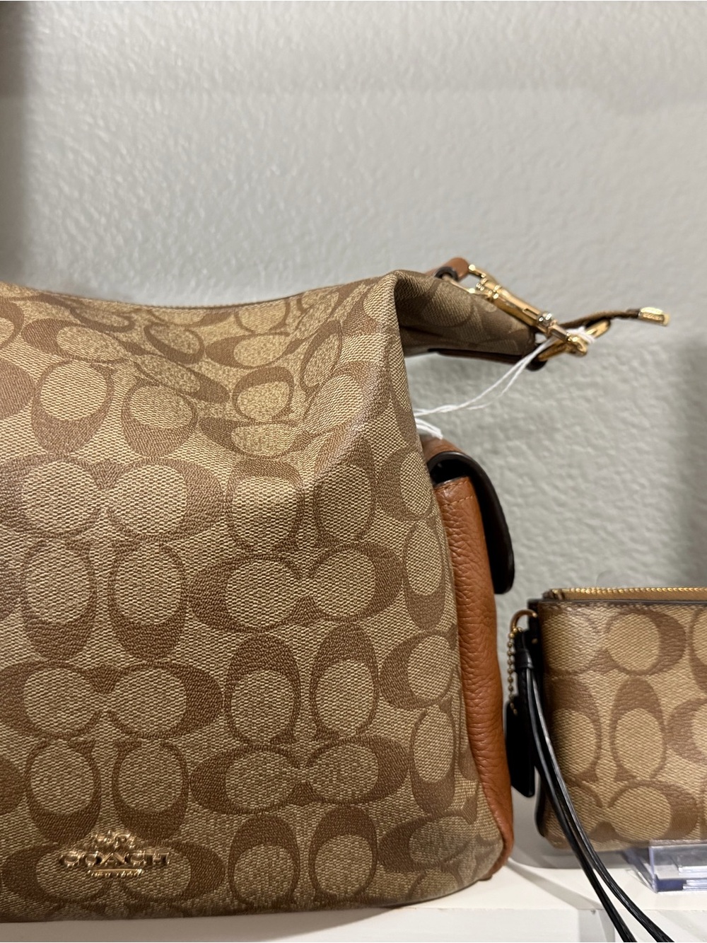 Coach Signature Canvas Shoulder Bag in Tan and Brown with Gold Hardware